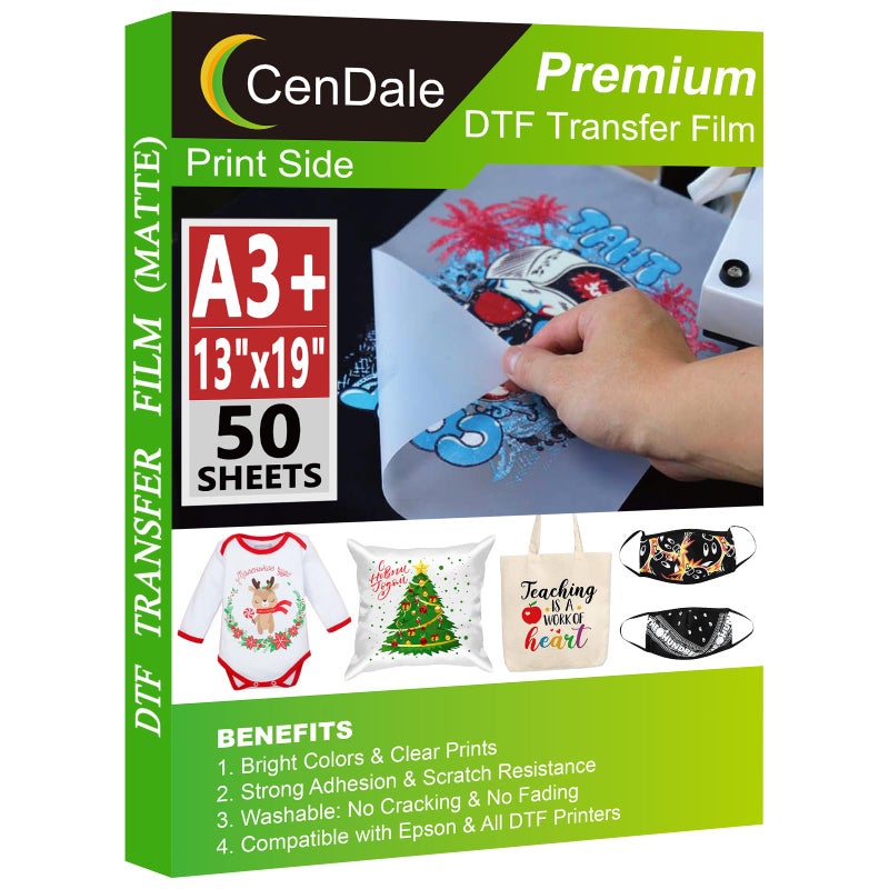 CenDale Premium DTF Transfer Film 13"x19" - A3 Plus 50 Sheets Double-Sided Matte Clear PreTreat Sheets PET Heat Transfer Paper for DIY Direct Print on All Fabric and Colors T-Shirts Textile - Image 1