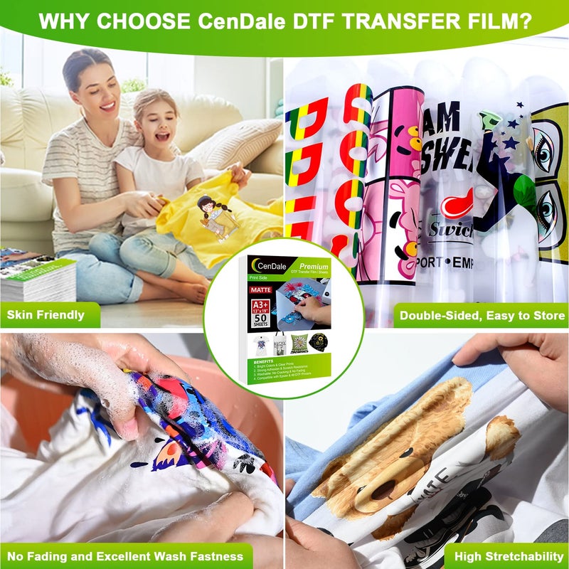 CenDale Premium DTF Transfer Film 13"x19" - A3 Plus 50 Sheets Double-Sided Matte Clear PreTreat Sheets PET Heat Transfer Paper for DIY Direct Print on All Fabric and Colors T-Shirts Textile - Image 3