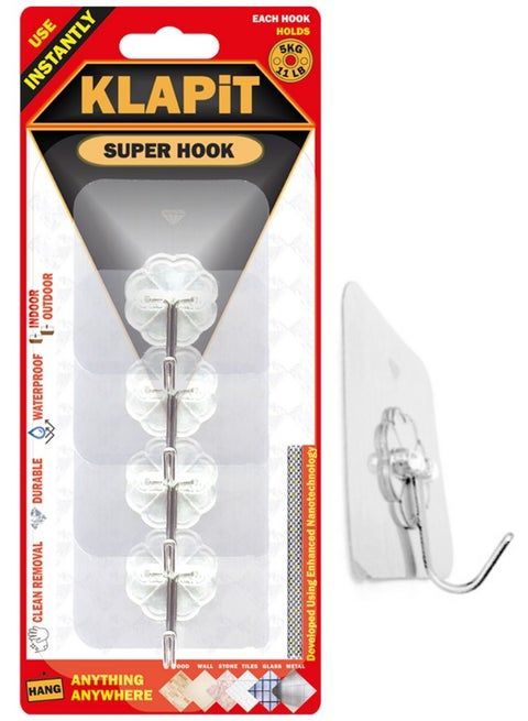 Super Hook Heavy Duty Adhesive, Holds 11 Pounds or 5Kg Weight, Waterproof and Damage Free for Wall, Tile, Wood, Stone, Glass, Metal, Made of Steel (Clear, 4 pc)