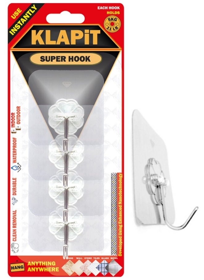 KLAPiT KLAPiT Super Hook Heavy Duty Adhesive, Holds 11 Pounds or 5Kg Weight, Waterproof and Damage Free for Wall, Tile, Wood, Stone, Glass, Metal, Made of Steel (Clear, 4 pc)  - Image 1