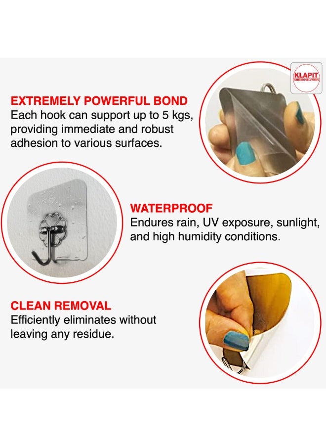 KLAPiT KLAPiT Super Hook Heavy Duty Adhesive, Holds 11 Pounds or 5Kg Weight, Waterproof and Damage Free for Wall, Tile, Wood, Stone, Glass, Metal, Made of Steel (Clear, 4 pc)  - Image 4