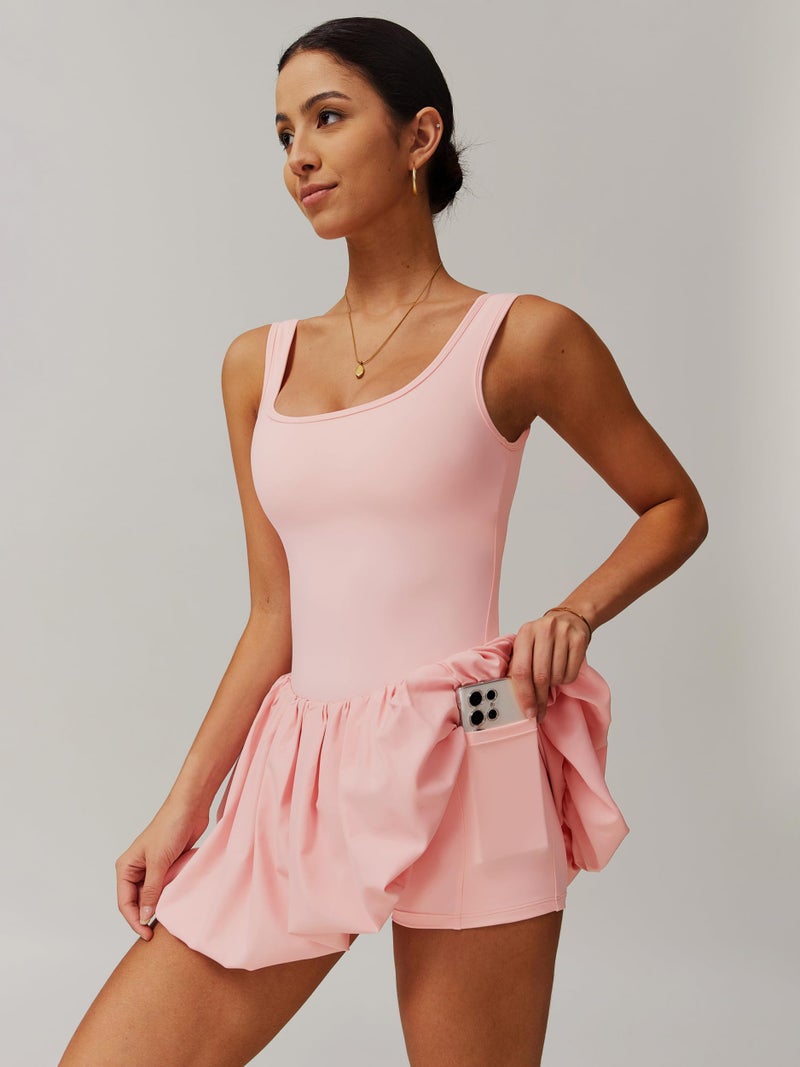 ABOCIW Womens Bubble Athletic Dress Square Neck Sleeveless Active Workout Tennis Golf Mini Dresses Build in Shorts with Pockets Peach Pink Small - Image 3