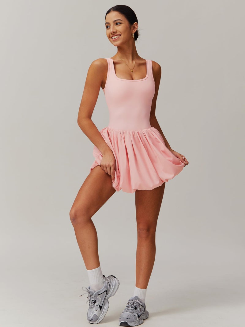 ABOCIW Womens Bubble Athletic Dress Square Neck Sleeveless Active Workout Tennis Golf Mini Dresses Build in Shorts with Pockets Peach Pink Small - Image 4