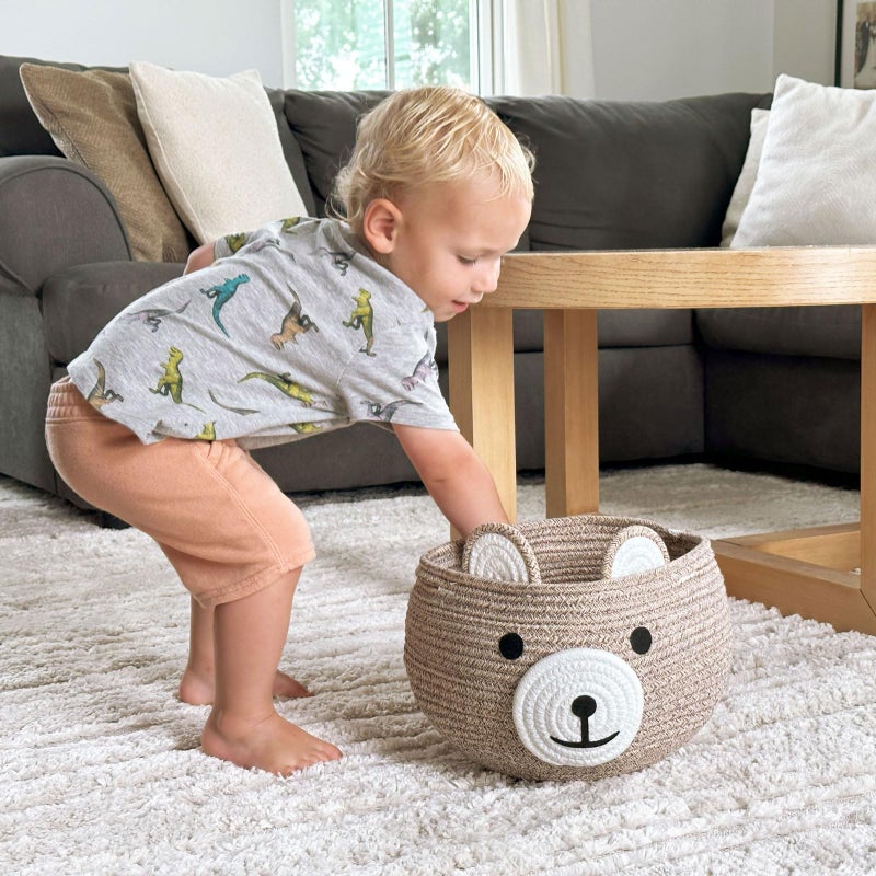 CherryNow Baby Basket for Nursery, Bear Gift Baskets for Kids, Baby Shower Basket with Handles, Small Cute Animal Baskets, Light Brown, 10.5"D x 8.5"H - Image 2