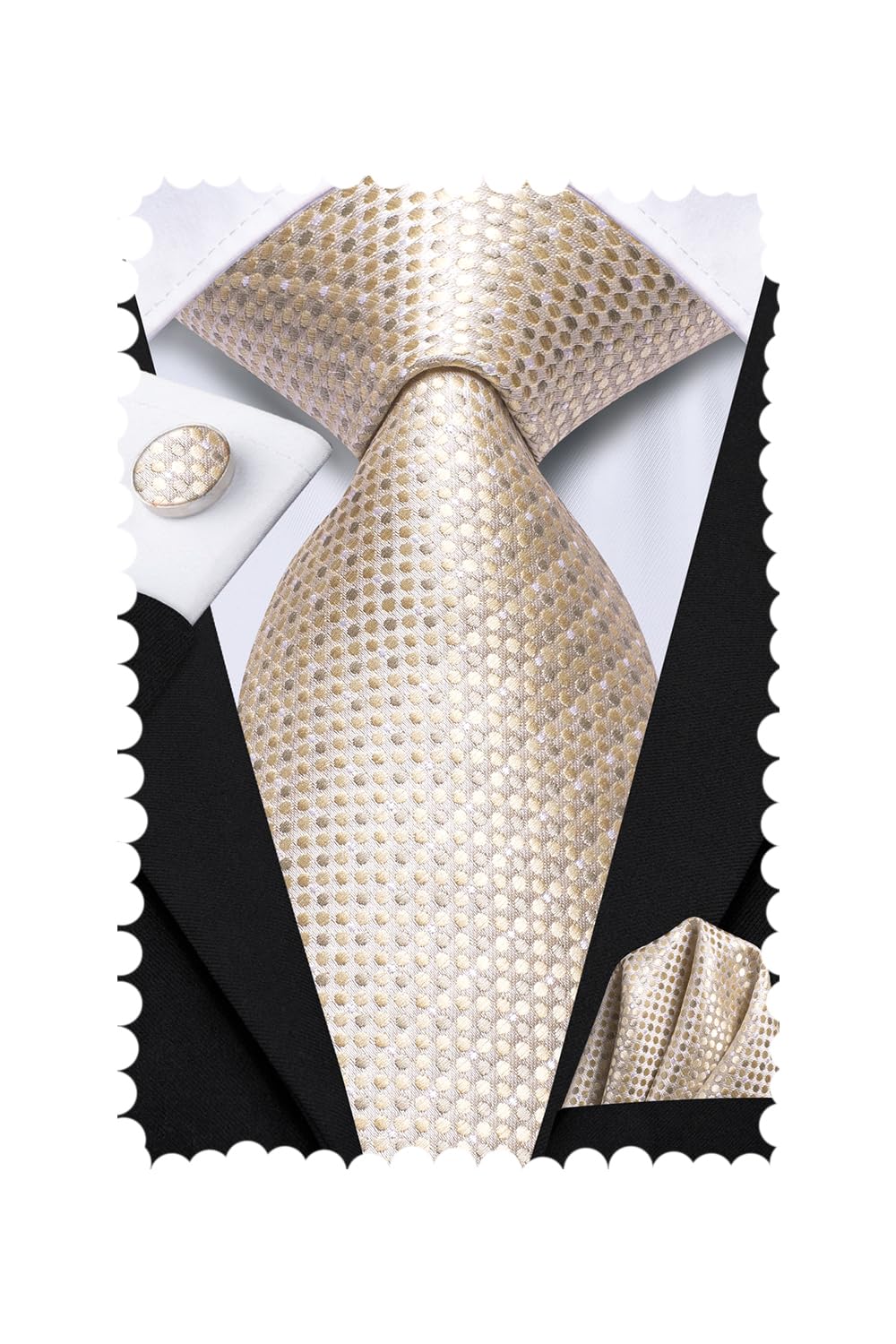 Hi-Tie Mens Plaid Ties Classic Paisley Necktie with Handkerchief Cufflinks Set Business Stripe Tie,Champagne Dot