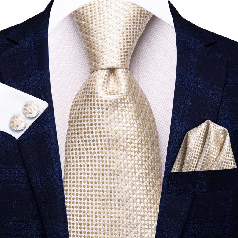 Hi-Tie Mens Plaid Ties Classic Paisley Necktie with Handkerchief Cufflinks Set Business Stripe Tie,Champagne Dot - Image 3