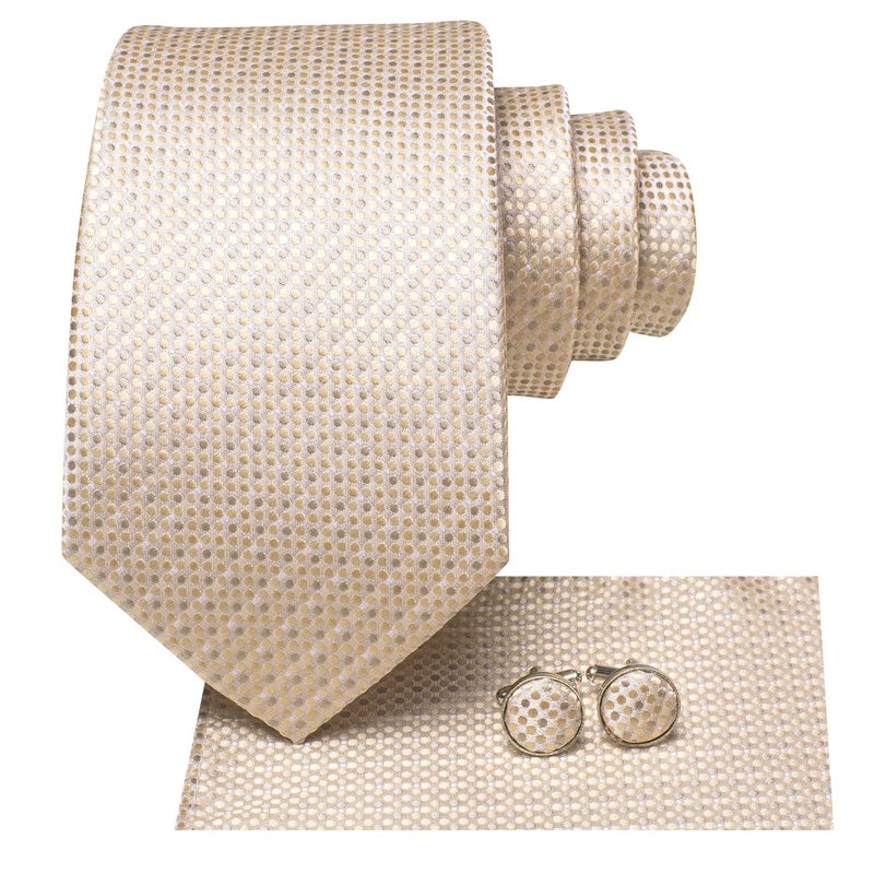 Hi-Tie Mens Plaid Ties Classic Paisley Necktie with Handkerchief Cufflinks Set Business Stripe Tie,Champagne Dot - Image 2