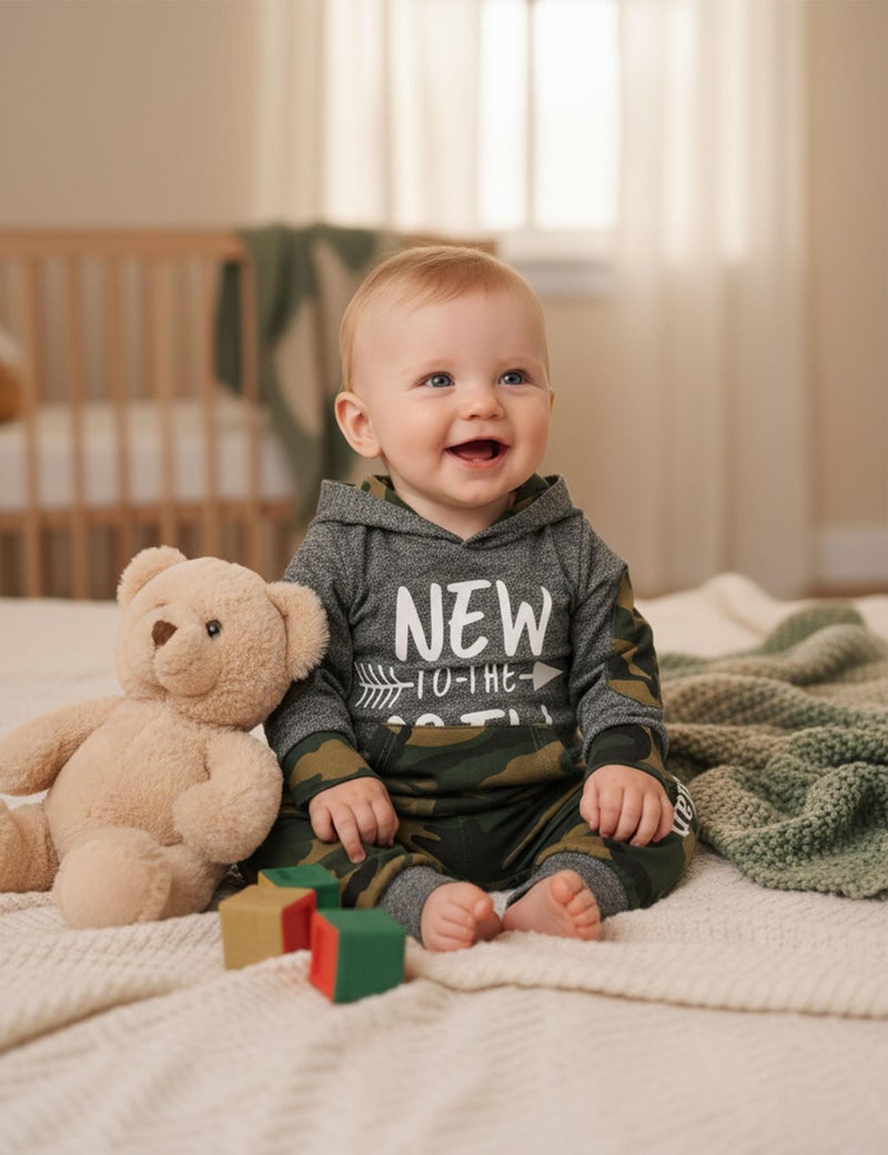 Fommy Baby boy clothes 0-3 months baby boy clothes New to The Crew Letter Print Hoodies+Camouflage Long Pants Camo 2PCS Outfits Set - Image 3