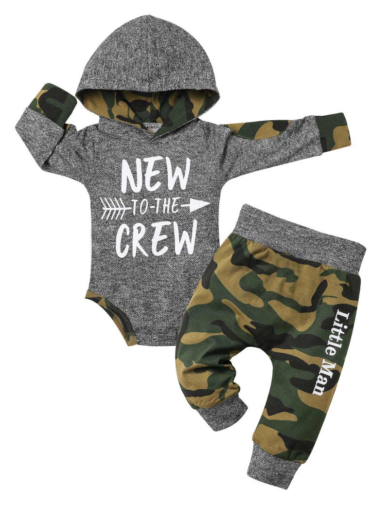 Fommy Baby boy clothes 0-3 months baby boy clothes New to The Crew Letter Print Hoodies+Camouflage Long Pants Camo 2PCS Outfits Set - Image 1