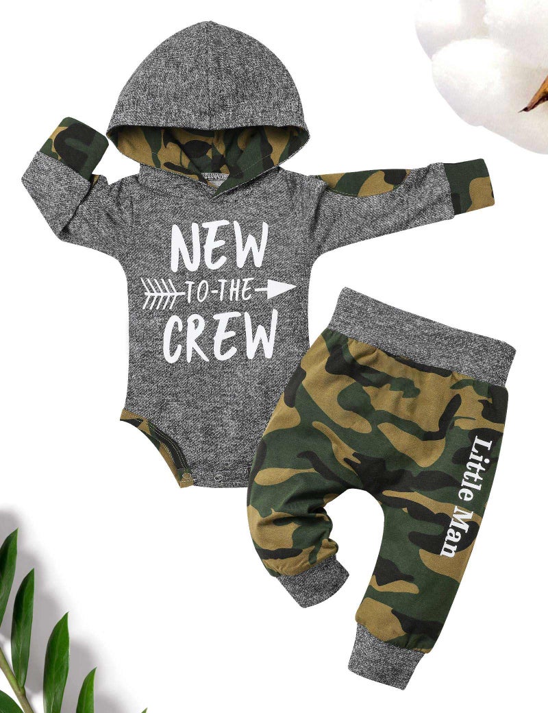 Fommy Baby boy clothes 0-3 months baby boy clothes New to The Crew Letter Print Hoodies+Camouflage Long Pants Camo 2PCS Outfits Set - Image 5