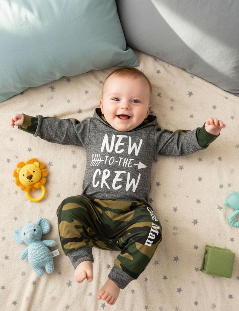 Fommy Baby boy clothes 0-3 months baby boy clothes New to The Crew Letter Print Hoodies+Camouflage Long Pants Camo 2PCS Outfits Set - Image 2