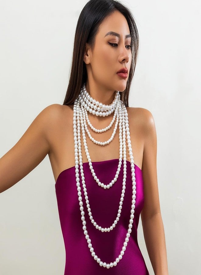 Chargances Multilayer Faux Pearls Strand Long Necklace Bridal 1920s Flapper Beads Long Choker Wedding Costume Jewelry for Women (Style 1) - Image 3