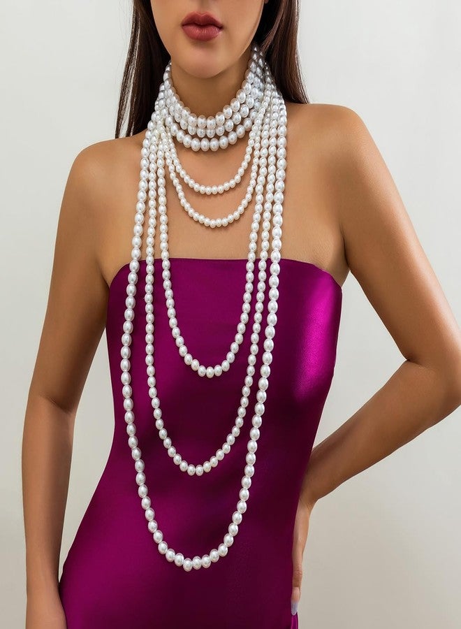 Chargances Multilayer Faux Pearls Strand Long Necklace Bridal 1920s Flapper Beads Long Choker Wedding Costume Jewelry for Women (Style 1) - Image 2