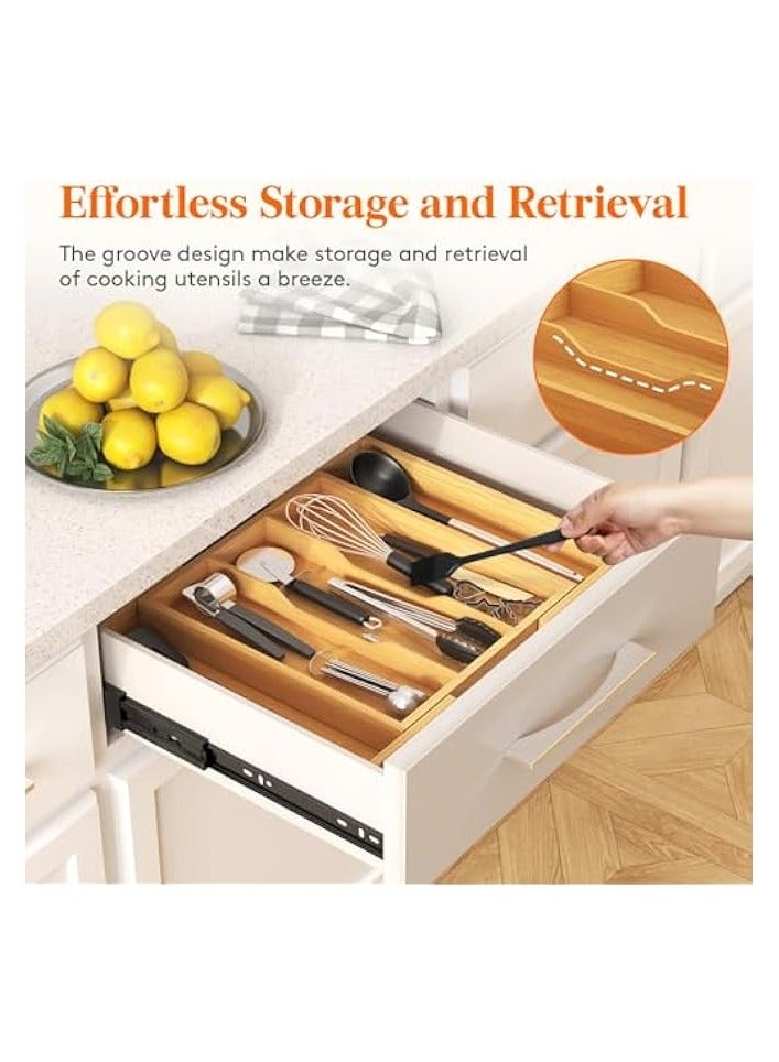 Green Tiger Utensil Organizer for Kitchen Drawer, Expandable Cooking Utensil Tray, Bamboo Cutlery Silverware Flatware Holder, Adjustable Spatula Tools, Gadgets Storage Divider, Large, Natural - Image 2
