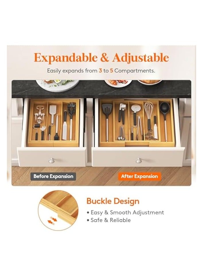 Green Tiger Utensil Organizer for Kitchen Drawer, Expandable Cooking Utensil Tray, Bamboo Cutlery Silverware Flatware Holder, Adjustable Spatula Tools, Gadgets Storage Divider, Large, Natural - Image 3