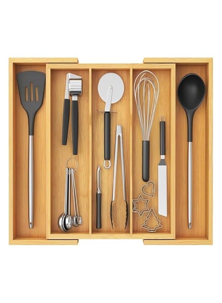 Green Tiger Utensil Organizer for Kitchen Drawer, Expandable Cooking Utensil Tray, Bamboo Cutlery Silverware Flatware Holder, Adjustable Spatula Tools, Gadgets Storage Divider, Large, Natural - Image 4