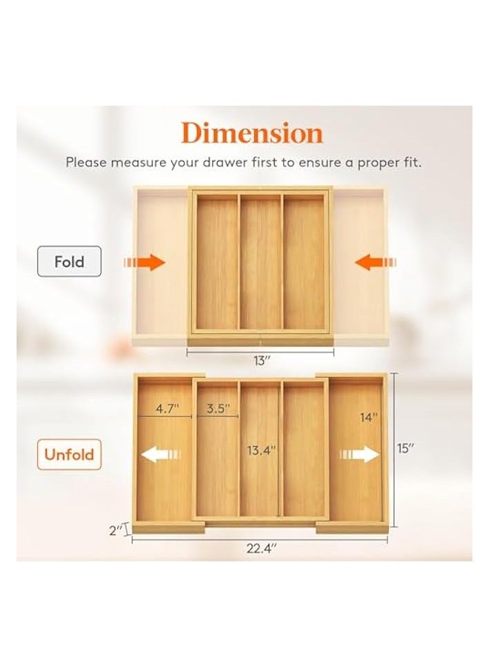 Green Tiger Utensil Organizer for Kitchen Drawer, Expandable Cooking Utensil Tray, Bamboo Cutlery Silverware Flatware Holder, Adjustable Spatula Tools, Gadgets Storage Divider, Large, Natural - Image 1