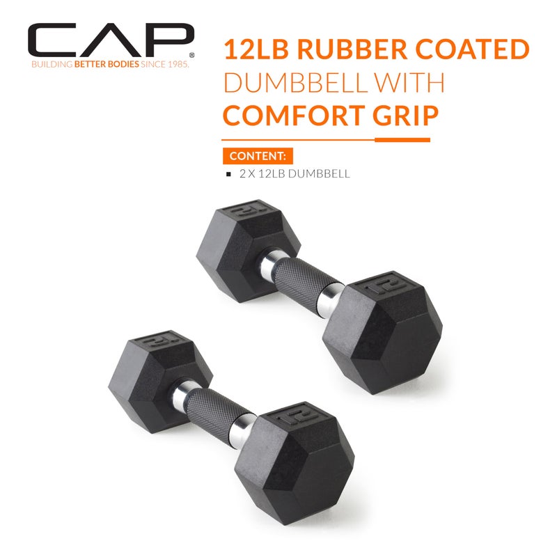 CAP Barbell 12 LB Rubber Coated Hex Dumbbell Hand Weight with Padded Grip - Pair | Comfort Grip - Image 2