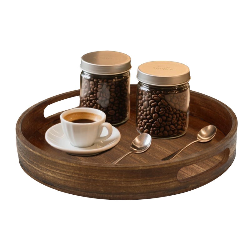 Hodeframe Round Decorative Tray,Wooden Serving Tray with Handles, 11.8in Vintage Brown Decorative Trays for Coffee Table,Kitchen Counter,bandejas decorativas - Image 1