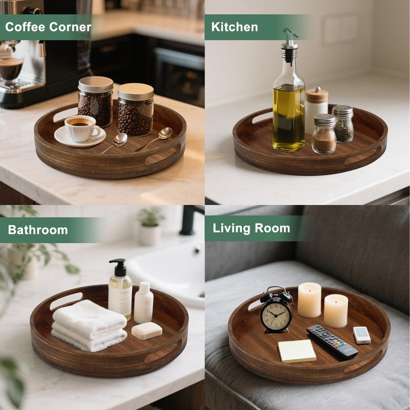Hodeframe Round Decorative Tray,Wooden Serving Tray with Handles, 11.8in Vintage Brown Decorative Trays for Coffee Table,Kitchen Counter,bandejas decorativas - Image 2