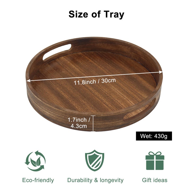 Hodeframe Round Decorative Tray,Wooden Serving Tray with Handles, 11.8in Vintage Brown Decorative Trays for Coffee Table,Kitchen Counter,bandejas decorativas - Image 3