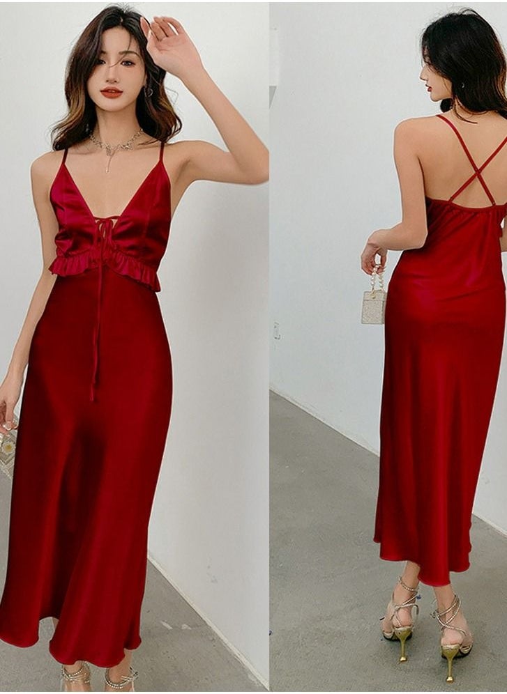 Loquat - Women's Elegant Solid Color Nightgown V-Neck Midi Slip Dress Soft Loungewear Sleepwear Dress With Adjustable Strap Wine Red - Image 1