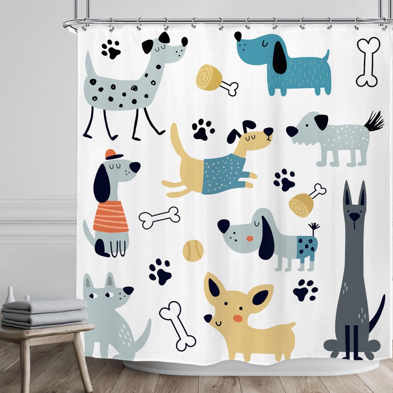 ريديكور RIYIDECOR مضحك لطيف الكلاب دش الستار 72wx72h بوصة الأطفال كرار كاريكاتير حيوان جميل باو العظام عظام جرو صبيانية فتي - Image 1