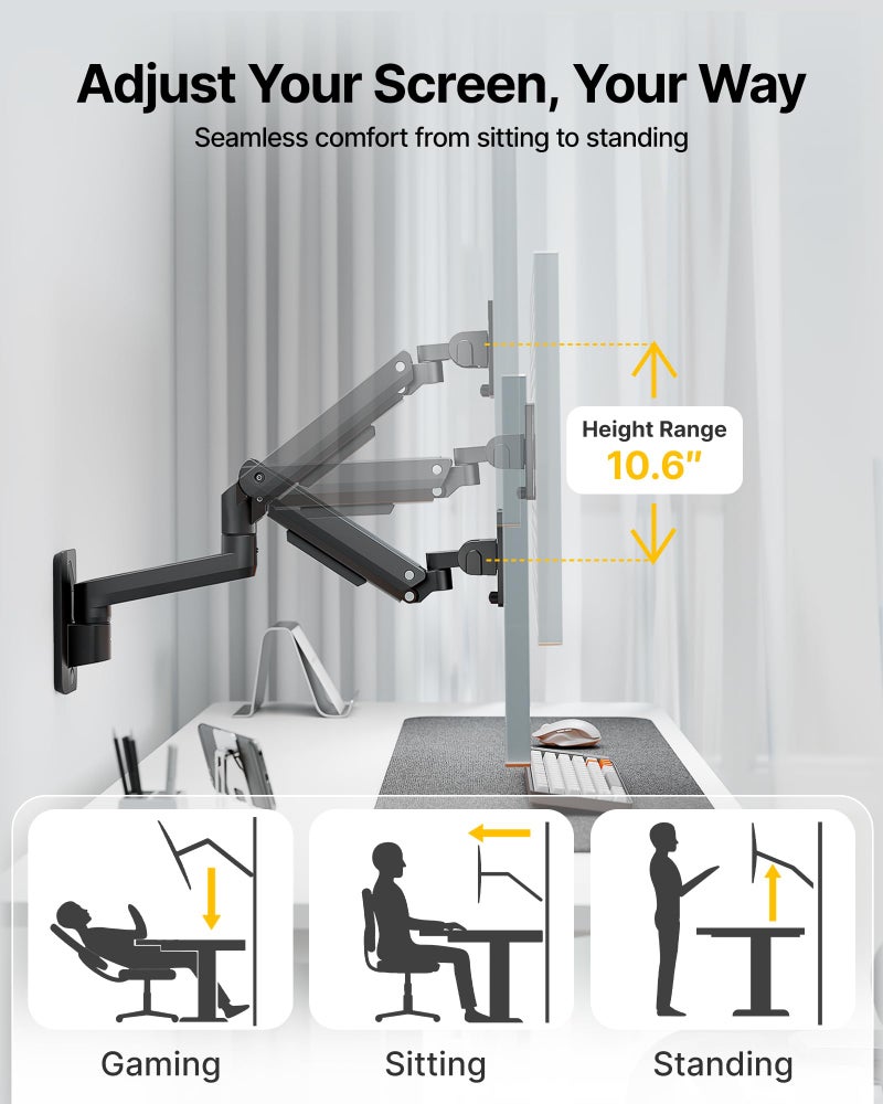 monTEK Ultra Wide Wall Mount Monitor Arm for 17-49 Inch Screens, Heavy Duty Single Monitor Mount up to 44 lbs, Fully Adjustable Gas Spring Wall Mount, 75x75/100x100 VESA Mount, Black - Image 3