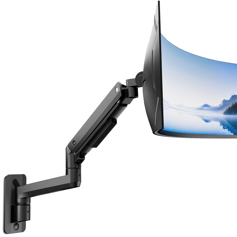 monTEK Ultra Wide Wall Mount Monitor Arm for 17-49 Inch Screens, Heavy Duty Single Monitor Mount up to 44 lbs, Fully Adjustable Gas Spring Wall Mount, 75x75/100x100 VESA Mount, Black - Image 1