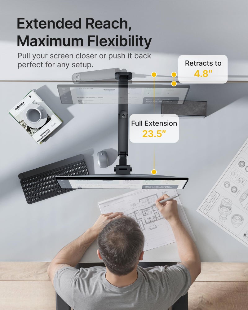 monTEK Ultra Wide Wall Mount Monitor Arm for 17-49 Inch Screens, Heavy Duty Single Monitor Mount up to 44 lbs, Fully Adjustable Gas Spring Wall Mount, 75x75/100x100 VESA Mount, Black - Image 4