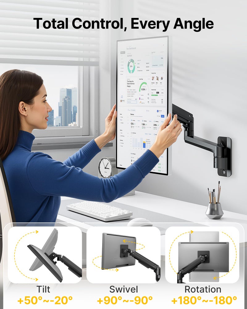 monTEK Ultra Wide Wall Mount Monitor Arm for 17-49 Inch Screens, Heavy Duty Single Monitor Mount up to 44 lbs, Fully Adjustable Gas Spring Wall Mount, 75x75/100x100 VESA Mount, Black - Image 5