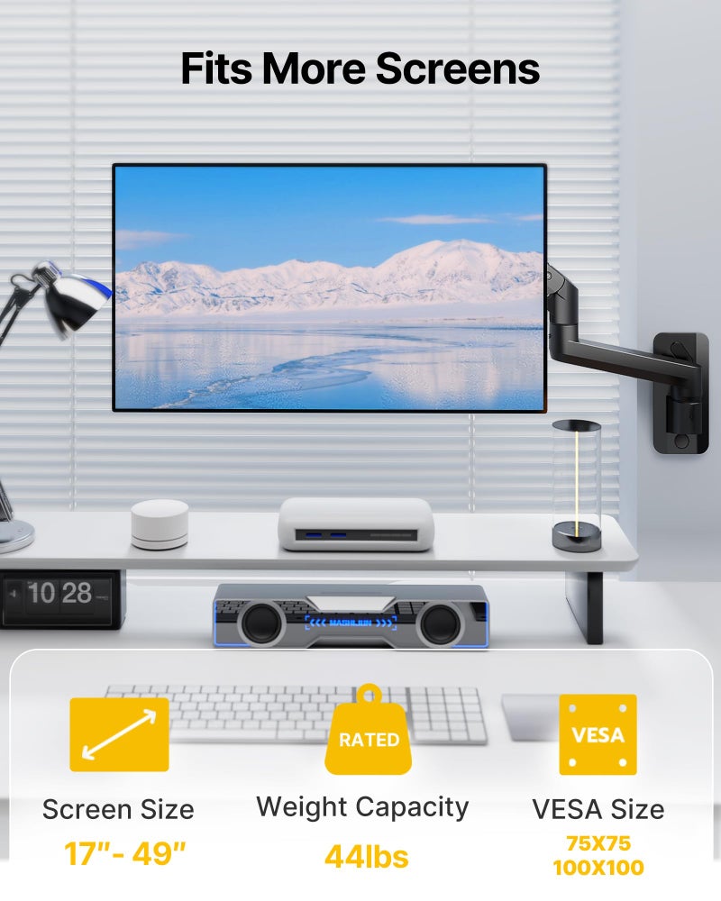 monTEK Ultra Wide Wall Mount Monitor Arm for 17-49 Inch Screens, Heavy Duty Single Monitor Mount up to 44 lbs, Fully Adjustable Gas Spring Wall Mount, 75x75/100x100 VESA Mount, Black - Image 2