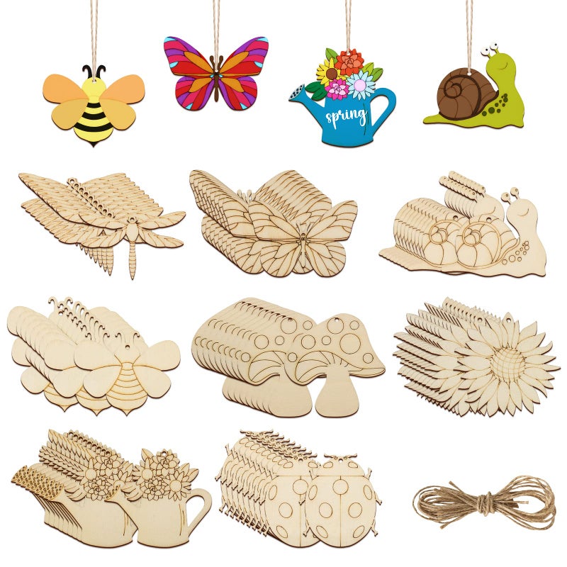 Sophena 80PCS Wooden Spring Ornaments to Paint, 8 Styles DIY Blank Unfinished Wood Cutouts Ornament for Home Crafts Hanging Decorations, Insect Dragonfly Butterfly Snail Watering Can Mushroom Flower Shape - Image 1
