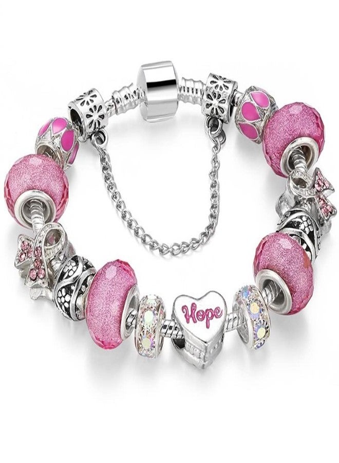 MIADEAL Hope Ribbon Heart Charms Bracelet, Pandora Compatible, Pink Edition (Hope) - Image 1