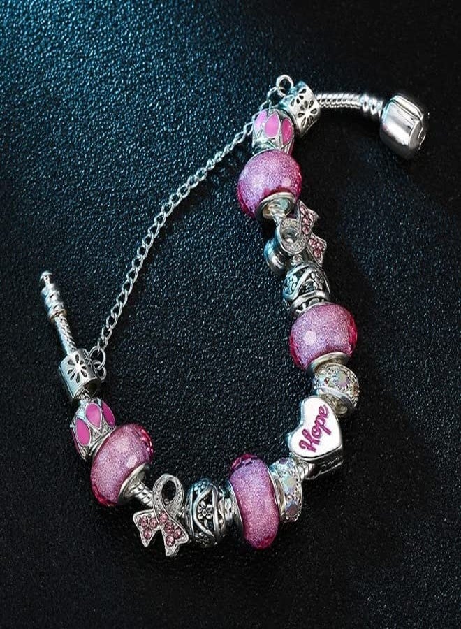 MIADEAL Hope Ribbon Heart Charms Bracelet, Pandora Compatible, Pink Edition (Hope) - Image 2