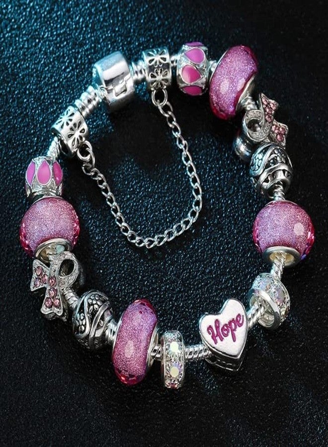 MIADEAL Hope Ribbon Heart Charms Bracelet, Pandora Compatible, Pink Edition (Hope) - Image 3