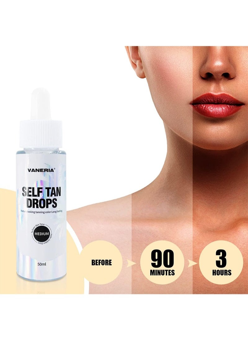VANERIA - Self Tanner Drops,Self Tanning Drops Quick Tan Tanologist Dark for Face and Body,Vegan and Cruelty Free,Self Tanning Drops Medium,Hyaluronic Acid, Natural, Long-Lasting, Streak-Free - 50ml - Image 1