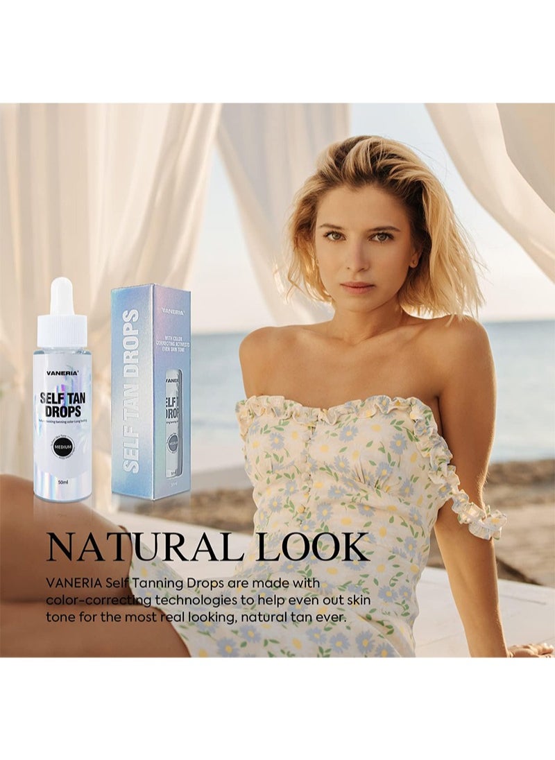 VANERIA - Self Tanner Drops,Self Tanning Drops Quick Tan Tanologist Dark for Face and Body,Vegan and Cruelty Free,Self Tanning Drops Medium,Hyaluronic Acid, Natural, Long-Lasting, Streak-Free - 50ml - Image 1