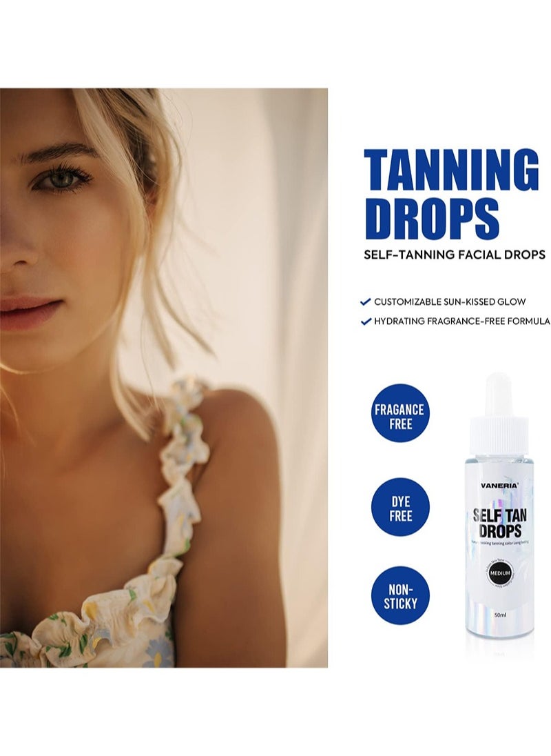 VANERIA - Self Tanner Drops,Self Tanning Drops Quick Tan Tanologist Dark for Face and Body,Vegan and Cruelty Free,Self Tanning Drops Medium,Hyaluronic Acid, Natural, Long-Lasting, Streak-Free - 50ml - Image 1