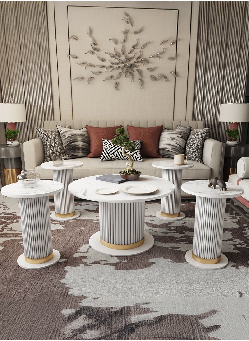 Luxury Coffee Table Set – 5 Pieces, with an Elegant White and Gold Design, White Marble Surface with Gold Accents, Main Table (80 cm Diameter, 49 cm Height) & Four Side Tables (40 cm Diameter, 54 cm Height). - pzsku/Z9D9F119B936DC221A8E5Z/45/_/1738535336/bffa7ad6-600e-4029-8a65-3db230654e40