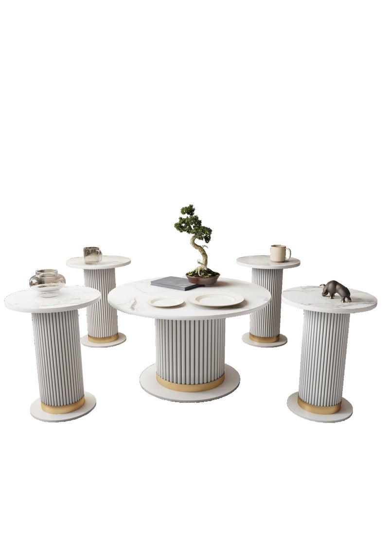 Luxury Coffee Table Set – 5 Pieces, with an Elegant White and Gold Design, White Marble Surface with Gold Accents, Main Table (80 cm Diameter, 49 cm Height) & Four Side Tables (40 cm Diameter, 54 cm Height). - pzsku/Z9D9F119B936DC221A8E5Z/45/_/1738535487/27baec1c-040a-4af7-9b07-8b7fb7fe8de1