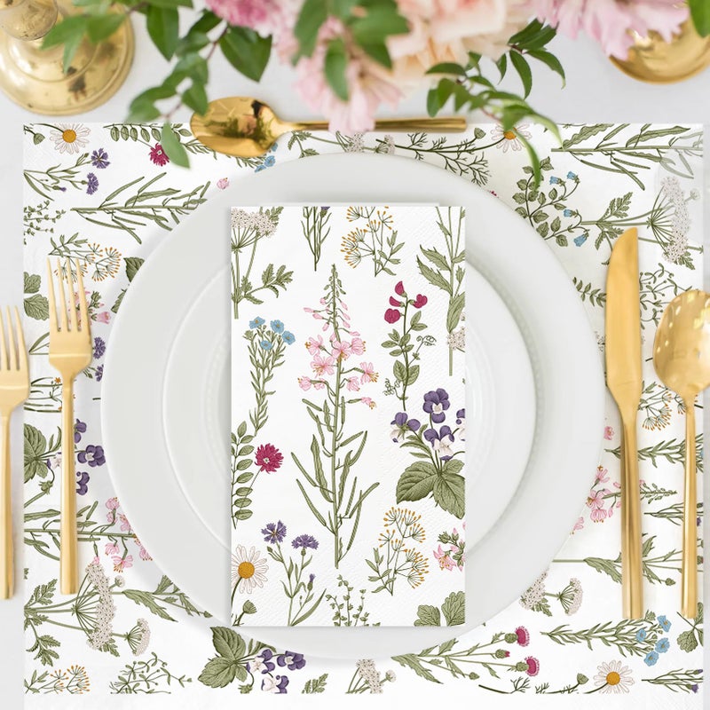 IANFEPH 100PCS Floral Paper Napkins 3 Ply Disposable Hand Towels for Bathroom Vintage Wildflower Guest Napkins Green Wild Flower Dinner Napkins for Wedding Bridal Baby Shower Birthday Spring Summer Party  - Image 3
