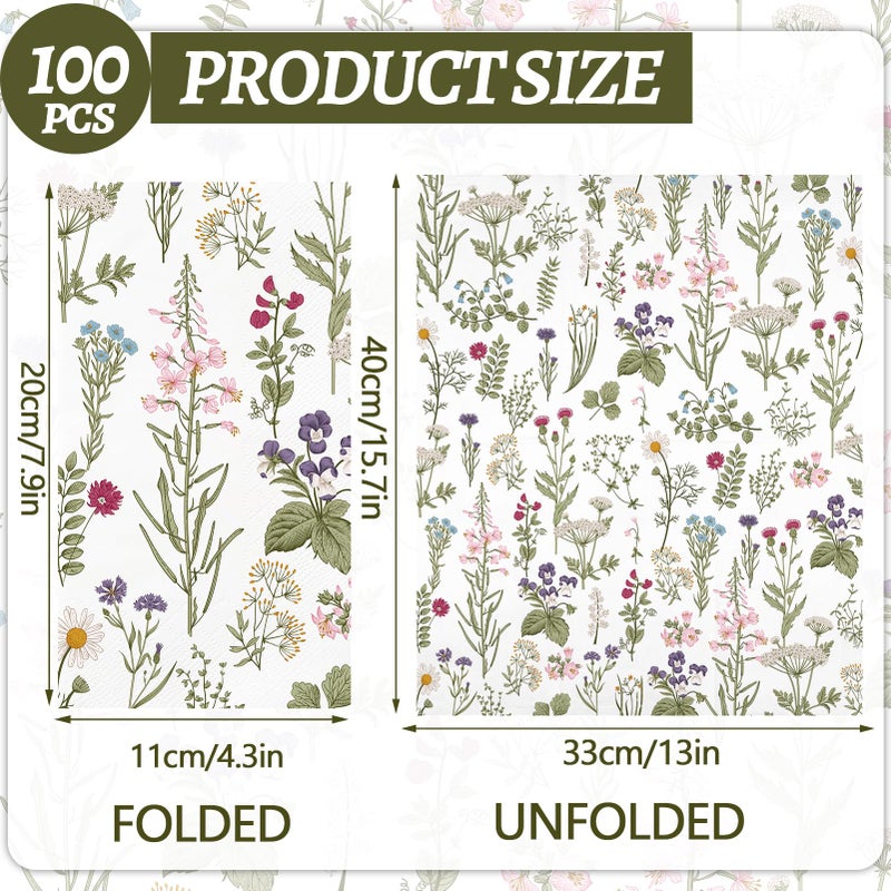 IANFEPH 100PCS Floral Paper Napkins 3 Ply Disposable Hand Towels for Bathroom Vintage Wildflower Guest Napkins Green Wild Flower Dinner Napkins for Wedding Bridal Baby Shower Birthday Spring Summer Party  - Image 1