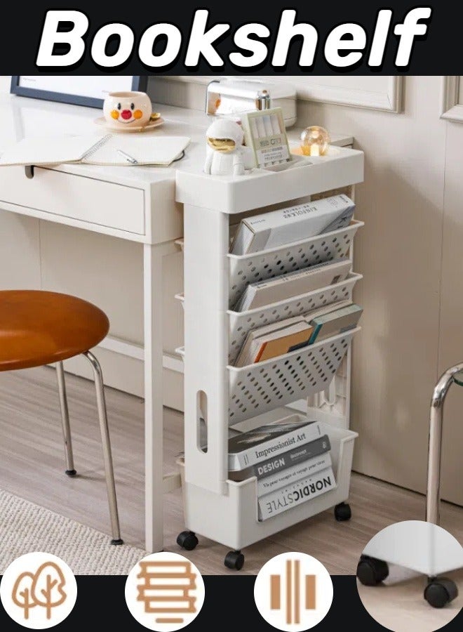 Generic 5-Tier Mobile Bookshelf, Rolling Bookcase Book Storage Rack, Movable File Folder Organizer Cart with Wheels for Home Study Office Living Room Classroom, White - Image 1