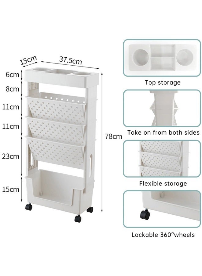 Generic 5-Tier Mobile Bookshelf, Rolling Bookcase Book Storage Rack, Movable File Folder Organizer Cart with Wheels for Home Study Office Living Room Classroom, White - Image 2