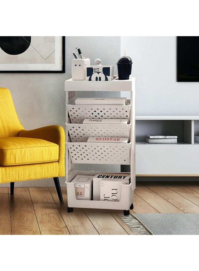 Generic 5-Tier Mobile Bookshelf, Rolling Bookcase Book Storage Rack, Movable File Folder Organizer Cart with Wheels for Home Study Office Living Room Classroom, White - Image 3