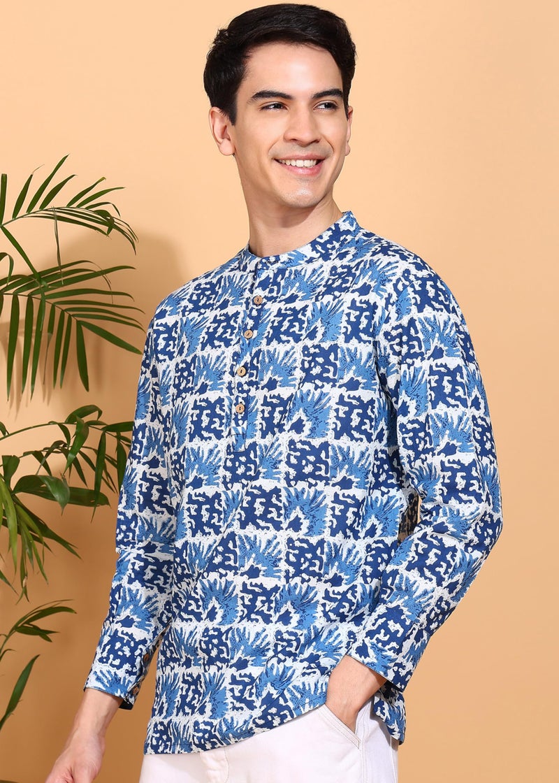 Yash Gallery Men's Cotton Handblock Print Mandarin Collar Full Sleeves Short Kurta (Blue, XXL) - Image 2