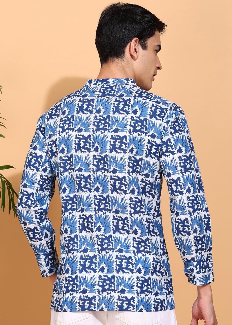 Yash Gallery Men's Cotton Handblock Print Mandarin Collar Full Sleeves Short Kurta (Blue, XXL) - Image 4