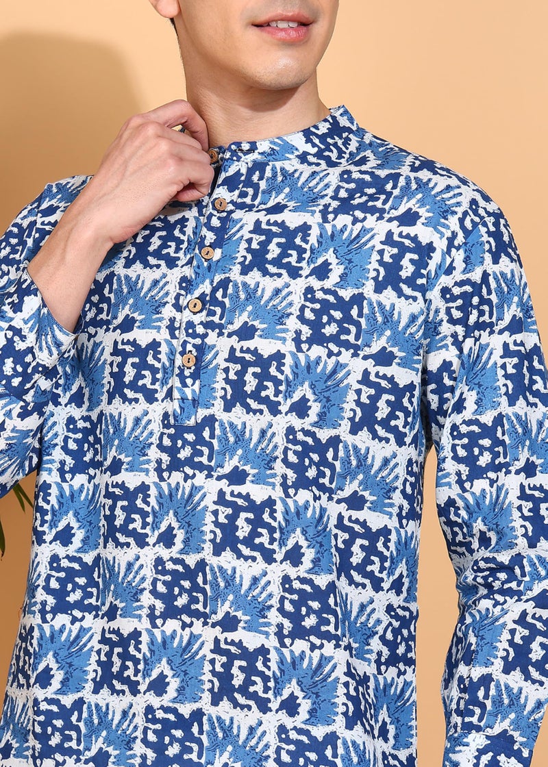 Yash Gallery Men's Cotton Handblock Print Mandarin Collar Full Sleeves Short Kurta (Blue, XXL) - Image 5