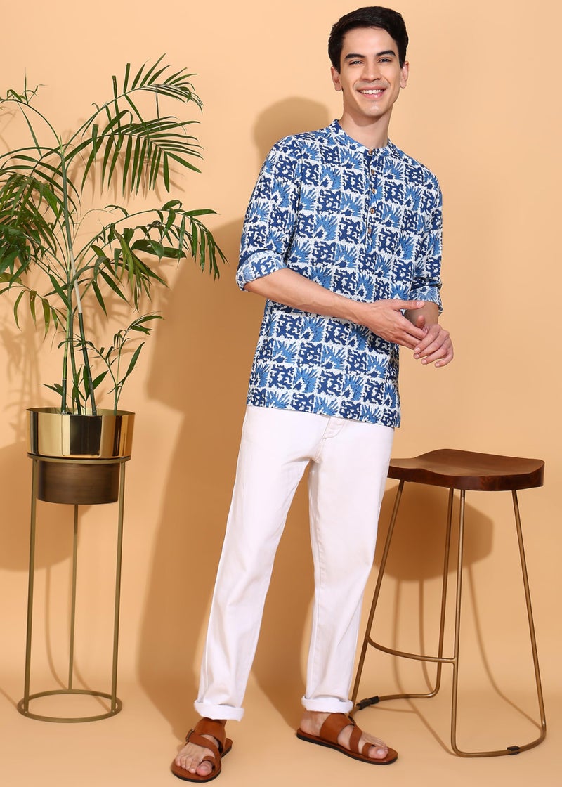 Yash Gallery Men's Cotton Handblock Print Mandarin Collar Full Sleeves Short Kurta (Blue, XXL) - Image 3